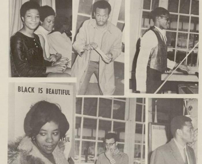 A collage of archival photos show Black students engaging in various activities at Pitt