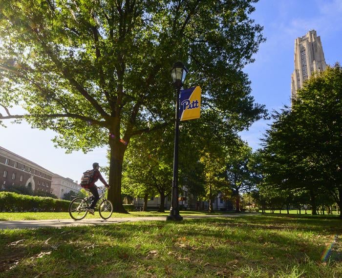 A person rides a bicycle next to a green field with the cathedral of learning in the distance