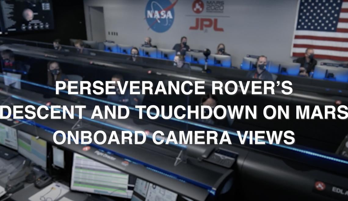 NASA control room with the text overlay "Perseverance Rover's Descent and Touchdown on Mars Onboard Camera Views"