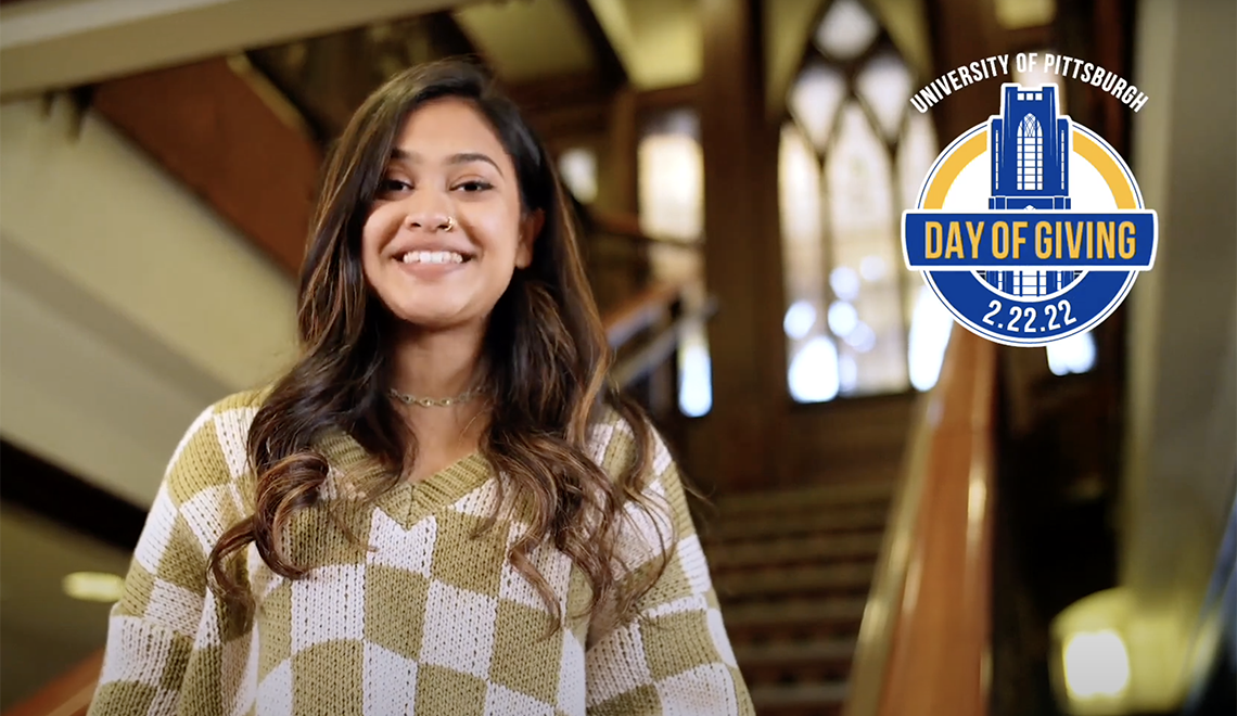 Woman wearing beige and white sweater next to Pitt Day of Giving logo