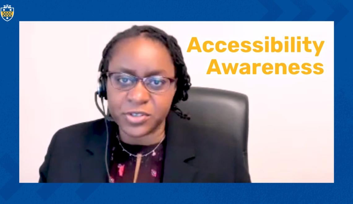 a person speaking with "Accessibility Awareness" next to her