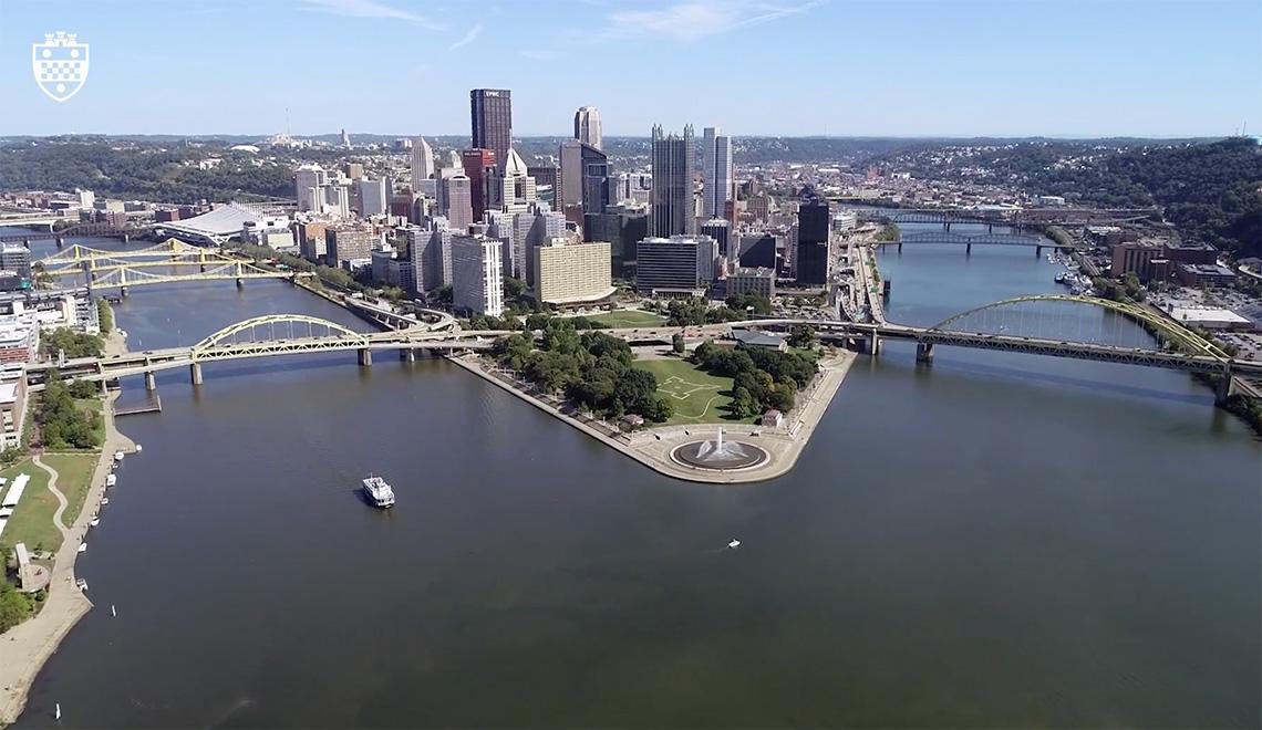 A drone shot of Downtown Pittsburgh
