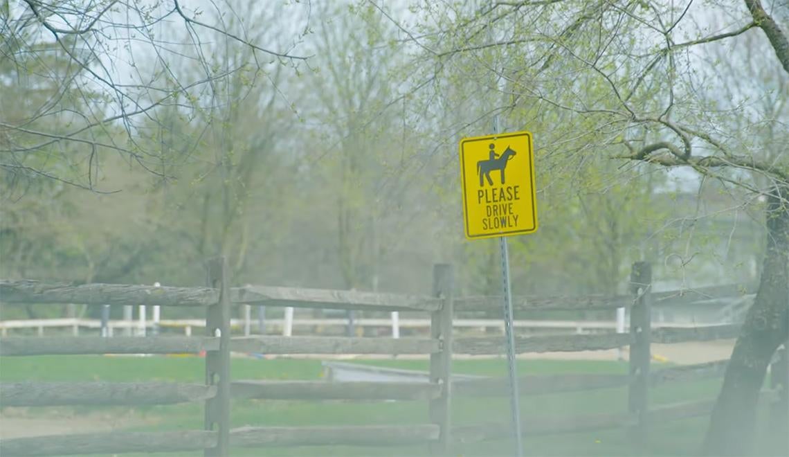 A yellow road sign shows a horse and reads Please drive slowly