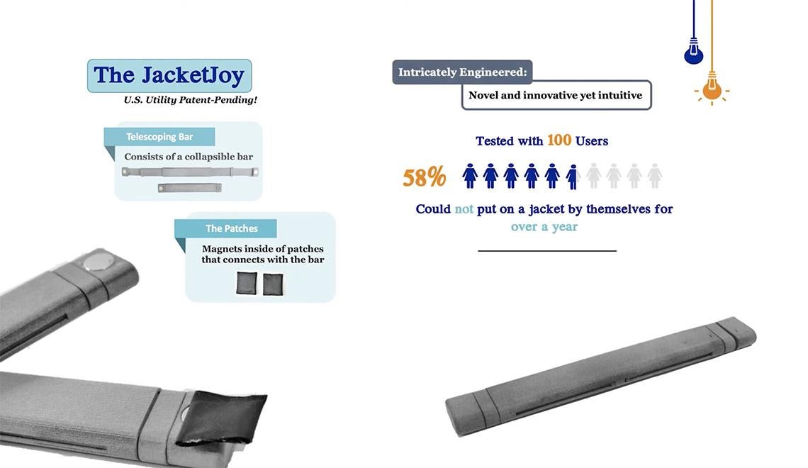 A graphic with information about the JacketJoy device