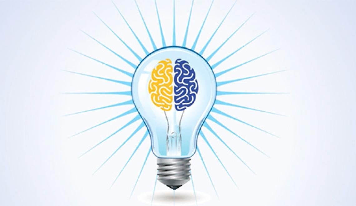 An illustration of a lightbulb with a yellow and blue brain inside