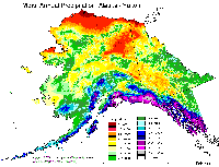 Mean annual precipitation map of the Alaska - Yukon region (Spatial Climate Analysis Service, Oregon State University).